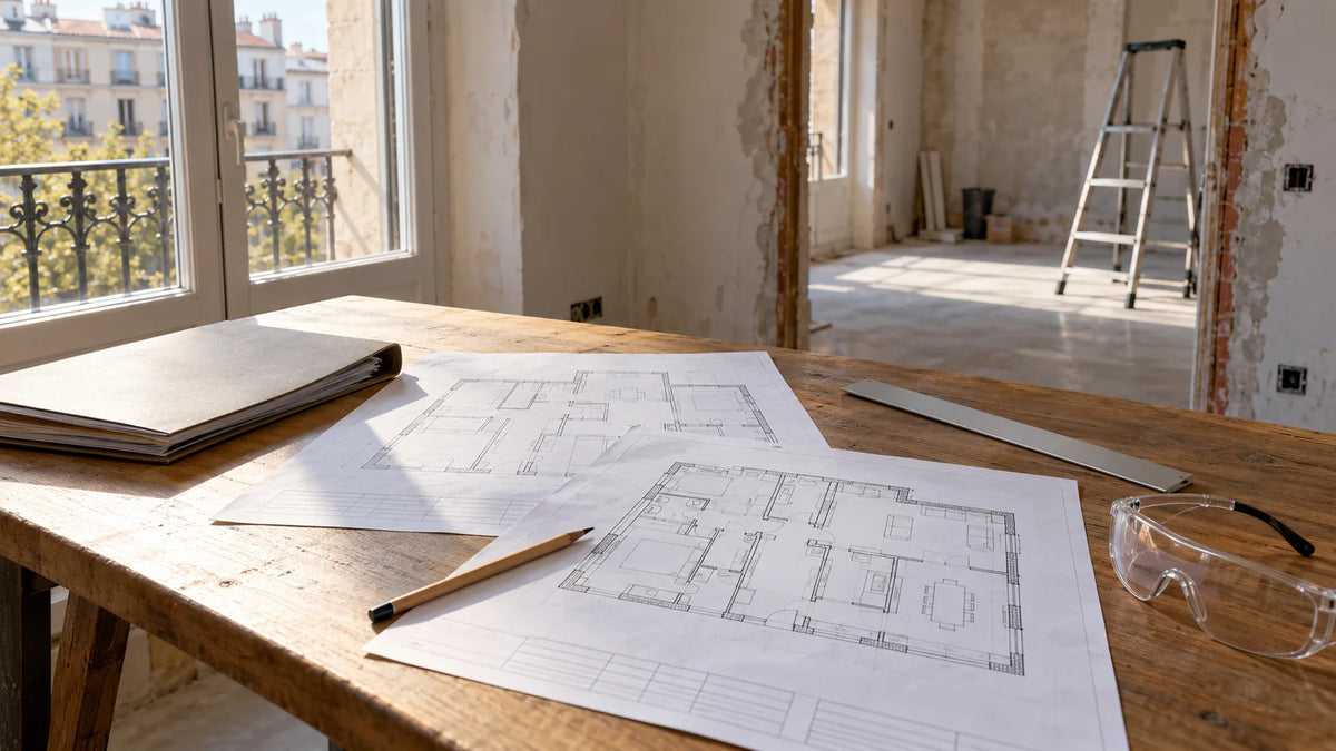 Planos de reforma de un piso y documentación de licencia de obra sobre una mesa