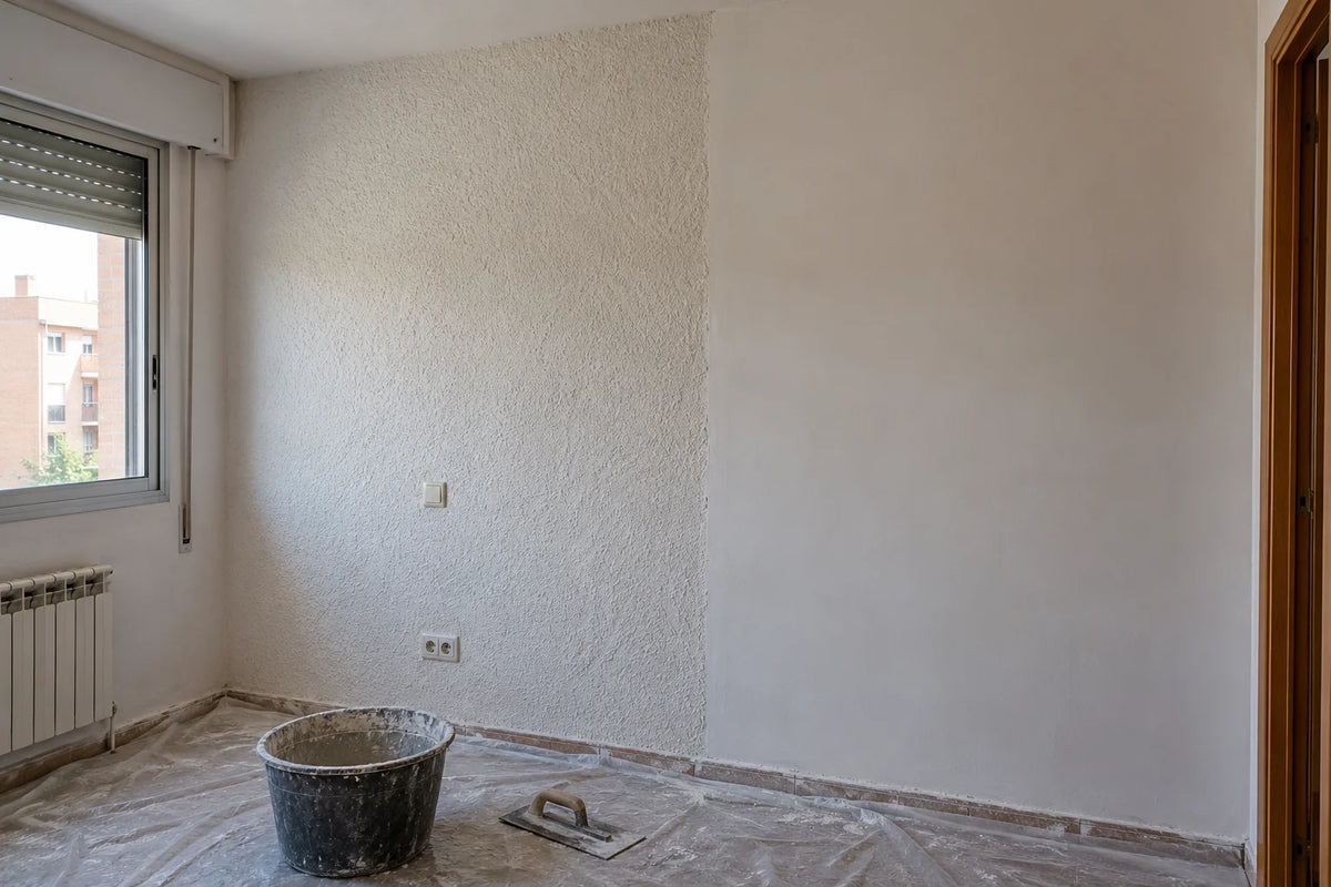 Pared de un dormitorio a medio alisar, con una parte con gotele y otra ya lisa lista para pintar