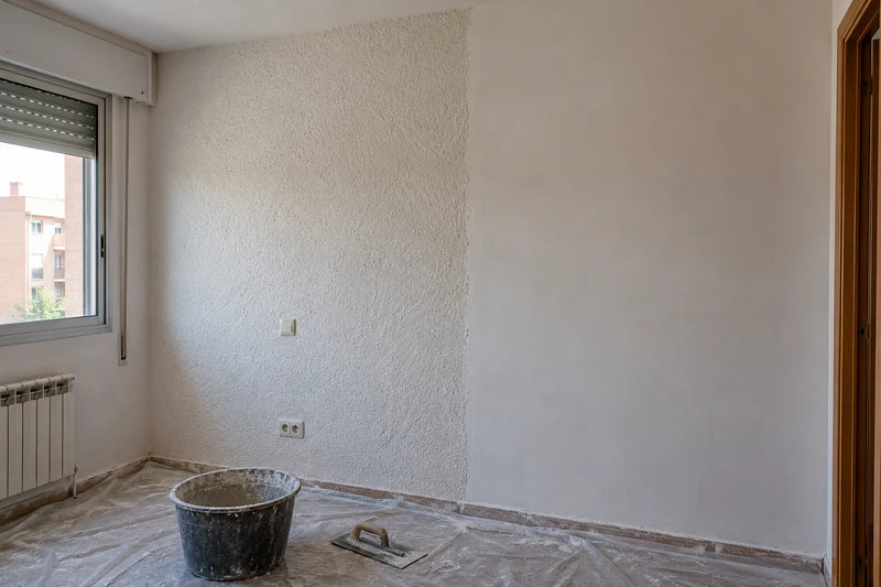 Pared de un dormitorio a medio alisar, con una parte con gotele y otra ya lisa lista para pintar