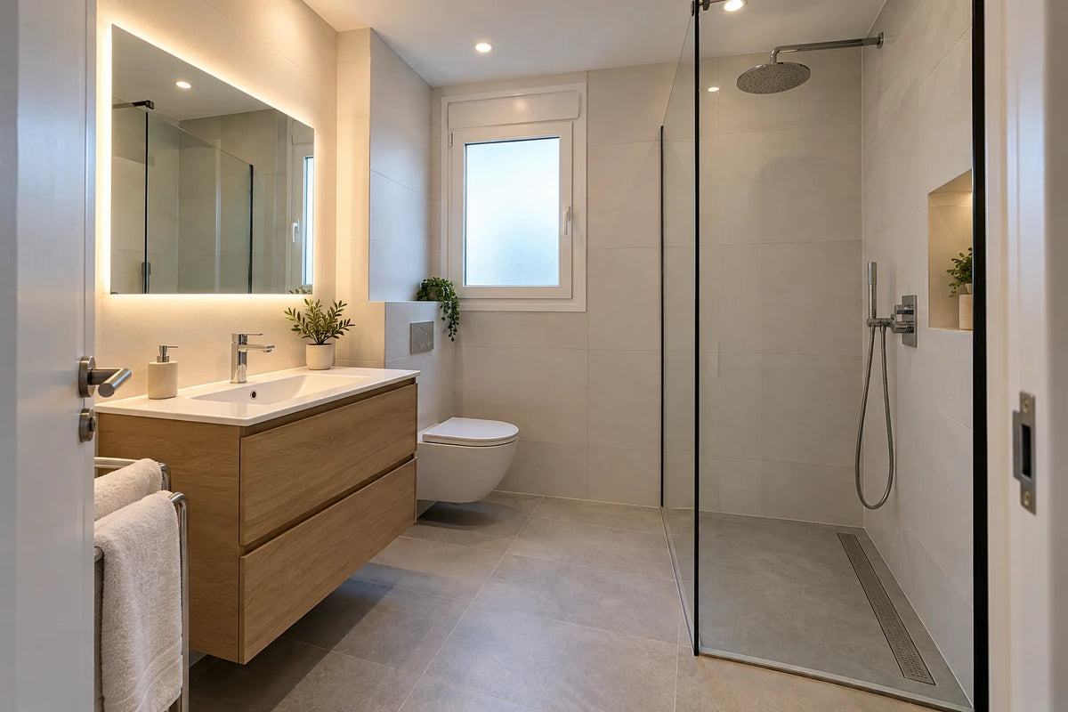 Baño reformado con ducha a ras de suelo, mampara de cristal, mueble de lavabo suspendido y azulejo claro de gran formato