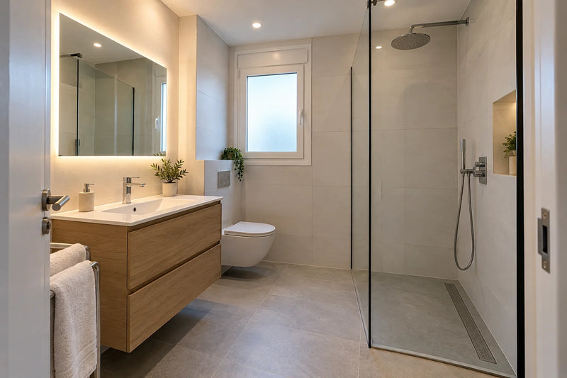 Baño reformado con ducha a ras de suelo, mampara de cristal, mueble de lavabo suspendido y azulejo claro de gran formato