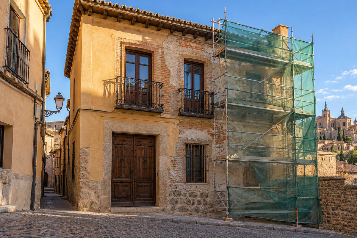 Fachada de casa antigua de Toledo con andamio durante una reforma integral