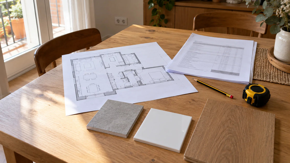 Plano de vivienda, presupuesto por partidas y muestras de material sobre una mesa para elegir empresa de reformas