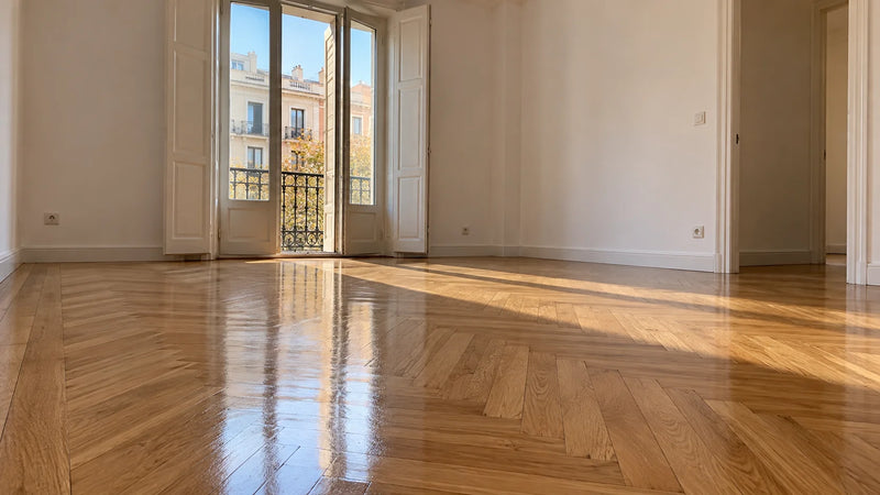 Salón de un piso en Madrid con parquet de roble recién acuchillado y barnizado en acabado satinado