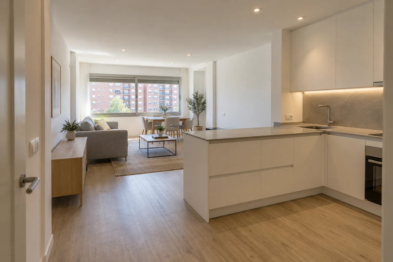 Salón y cocina abiertos de un piso de Madrid tras una reforma integral, con suelo de madera clara