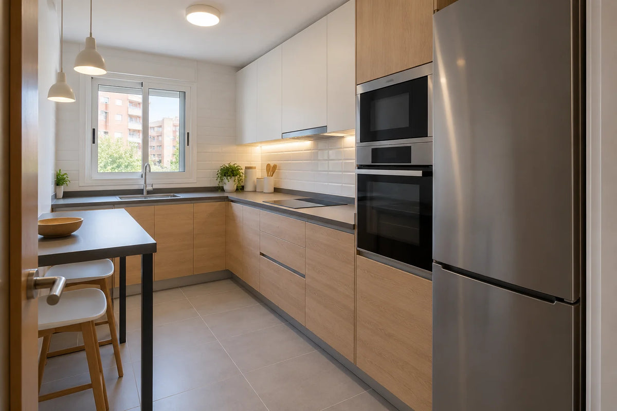 Cocina pequeña reformada en Alcorcón con encimera de cuarzo y luz LED bajo muebles (recreación)