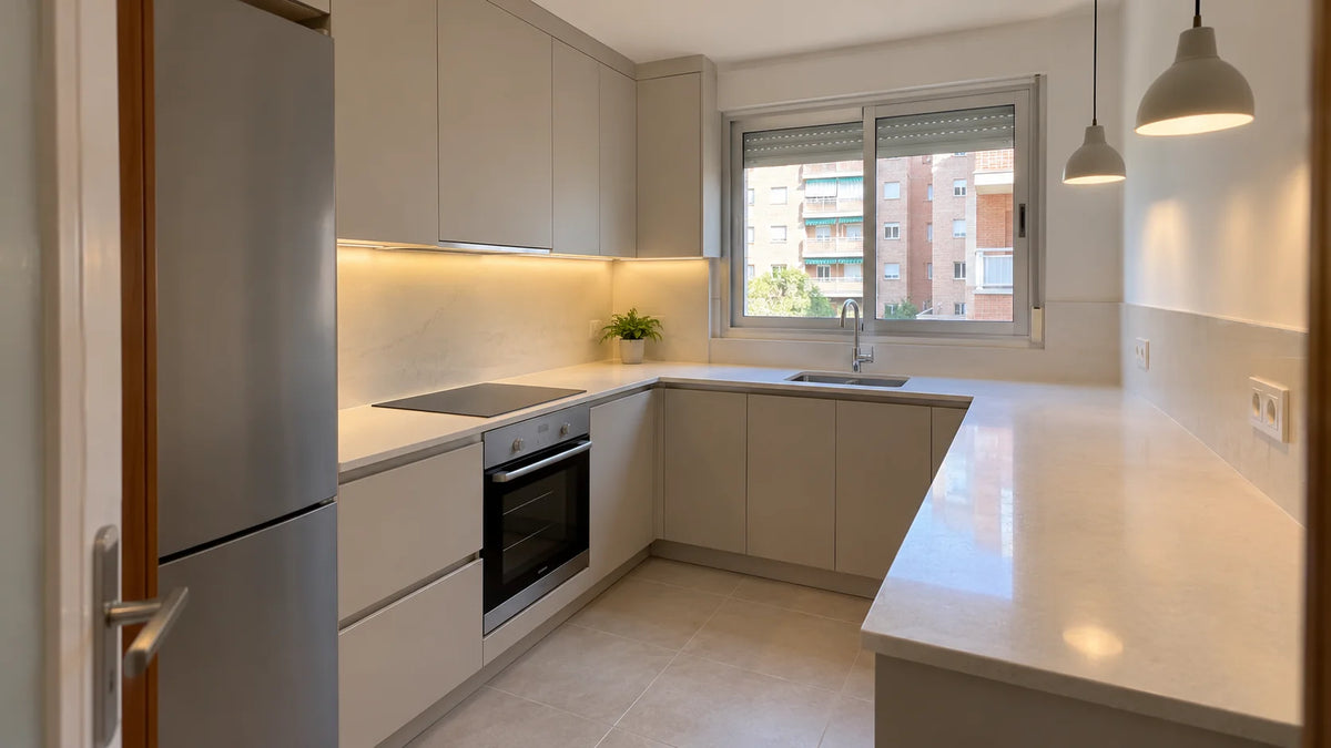 Cocina reformada en Villaverde Alto con encimera de cuarzo y muebles lacados en mate (recreación)
