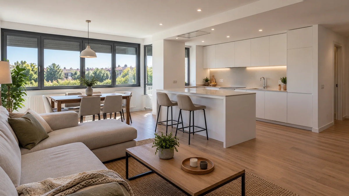 Salón y cocina abiertos con isla en un piso reformado de Majadahonda (recreación)