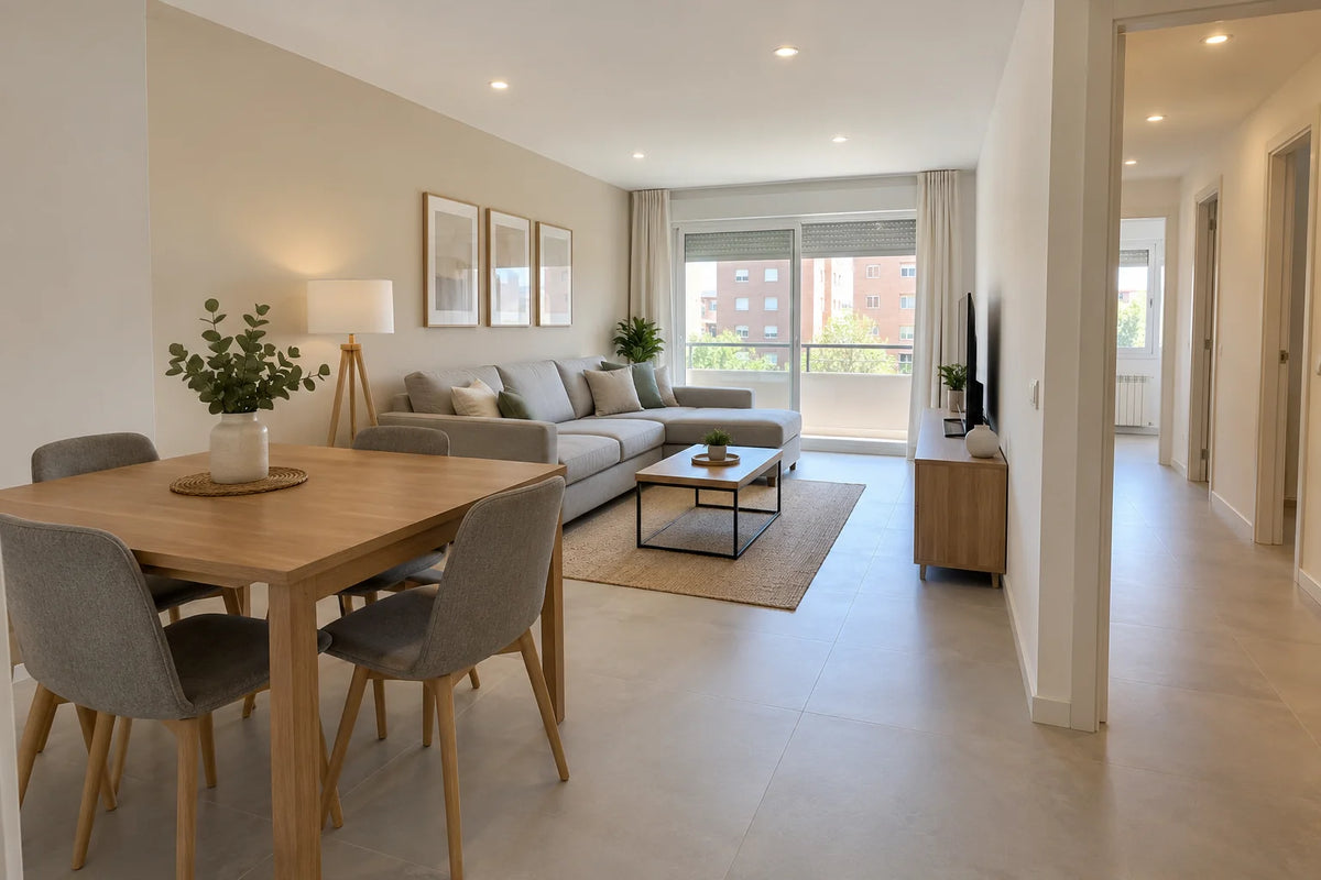 Salón y comedor de una vivienda reformada en Valdemoro con suelo cerámico de gran formato (recreación)