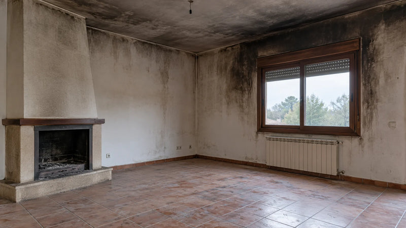 Salón de una vivienda con paredes y techo ennegrecidos por el humo antes de la reparación