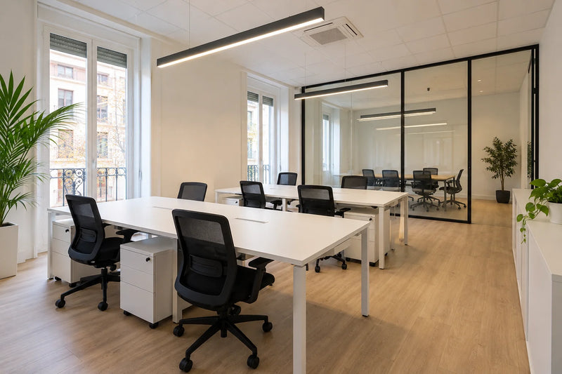 Oficina reformada en Madrid con puestos de trabajo en open space, suelo vinílico de madera y techo con luminarias LED lineales