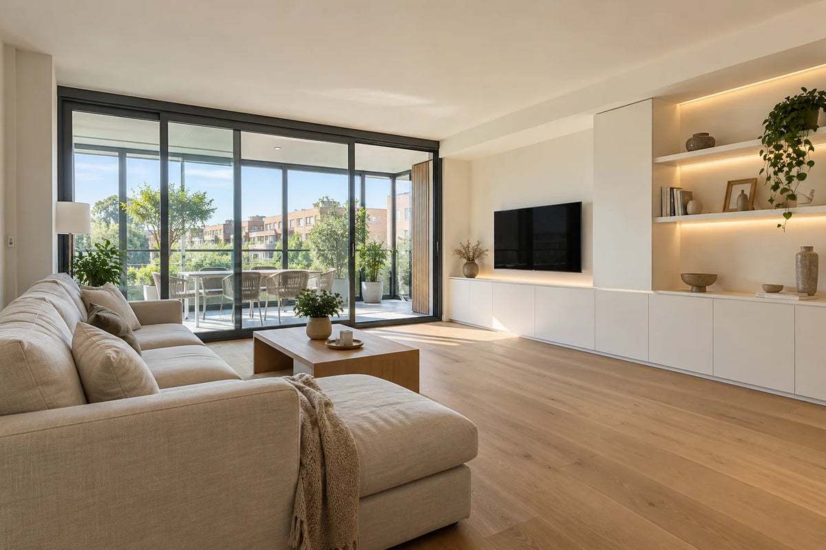Salón de un piso reformado en Alcobendas con suelo de madera clara y grandes ventanas
