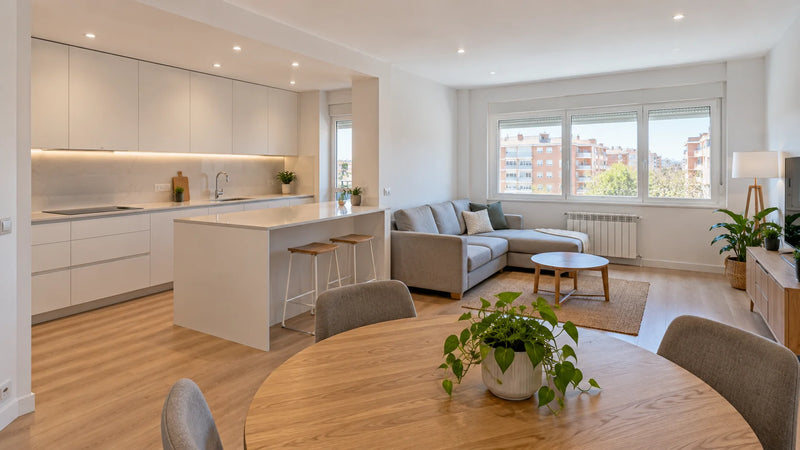 Salón de un piso de Leganés reformado con suelo de madera clara y cocina abierta