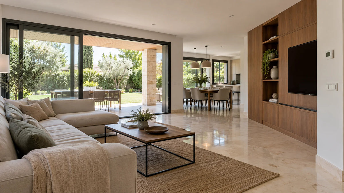 Salón de un chalet reformado en Boadilla del Monte abierto al jardín, sin radiadores a la vista (recreación)